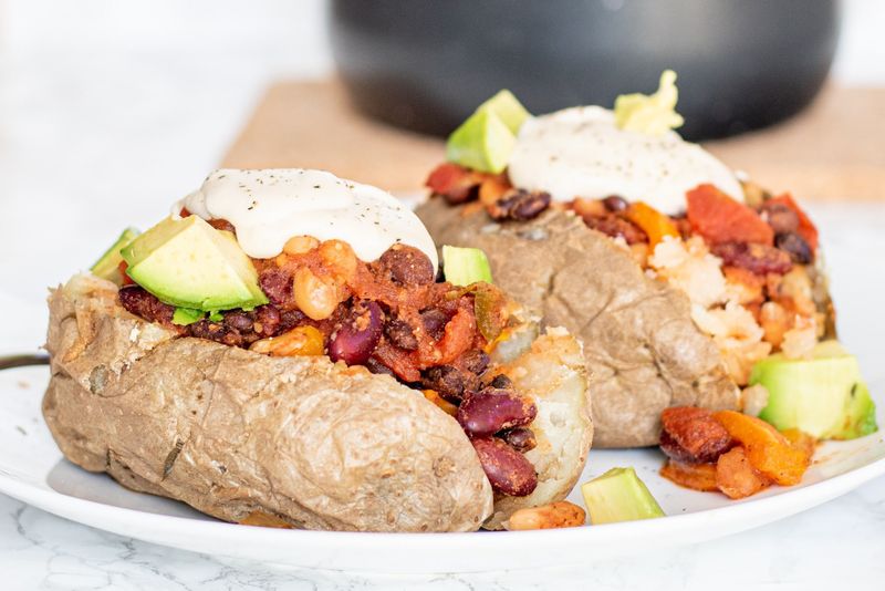 Stuffed Jacket Potatoes With Veggie Chilli