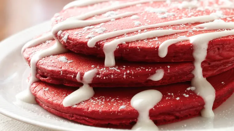 Red Velvet Pancakes With Cream Cheese Glaze