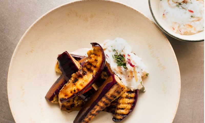 Griddled Aubergine With Yoghurt And Pomegranate