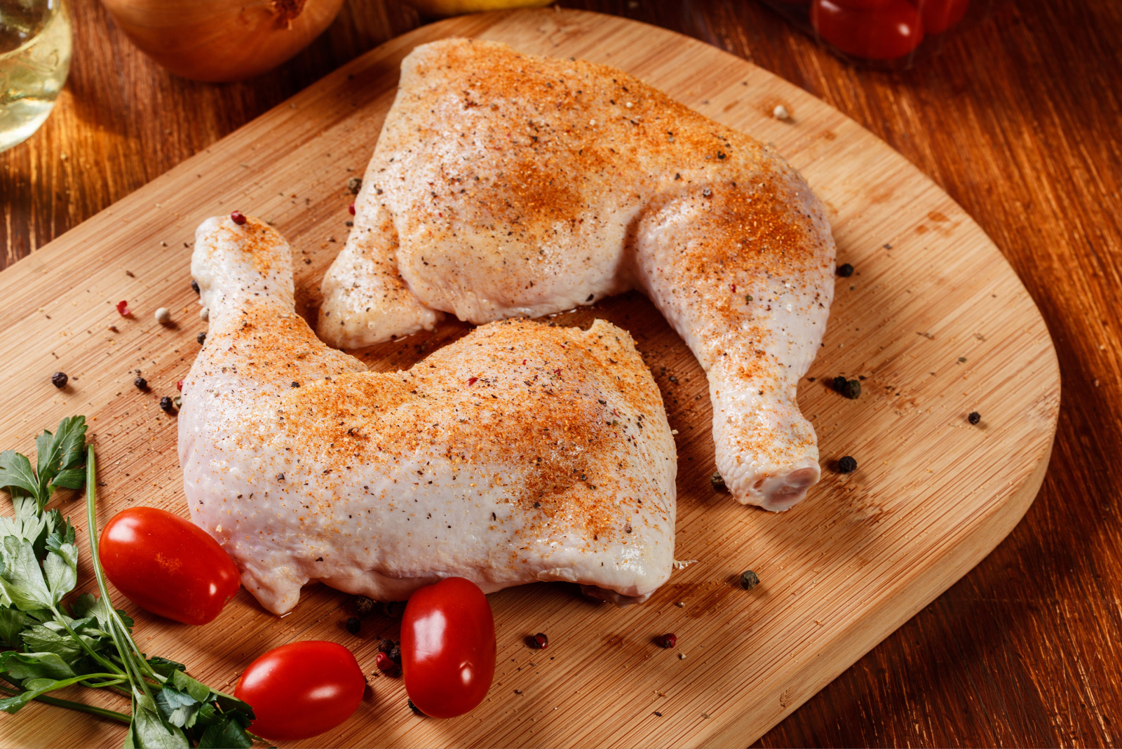 Raw chicken drumsticks seasoned with herbs on a chopping board