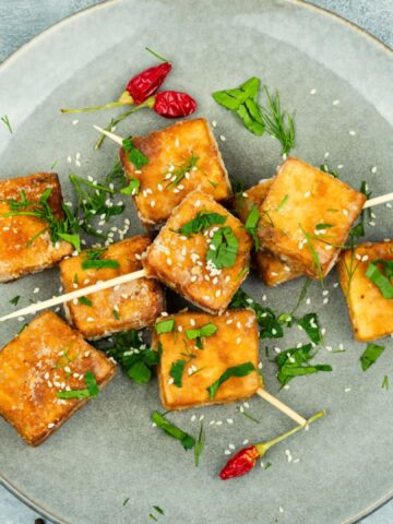 Grilled tofu cheese skewers with sauce on the plate