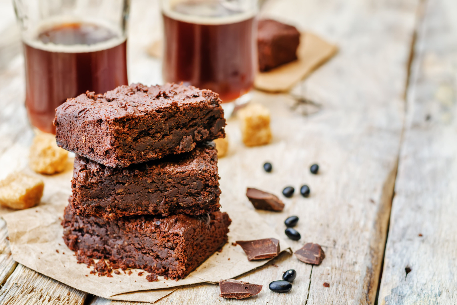 black bean brownies on a white wood background. the toning. selective focus