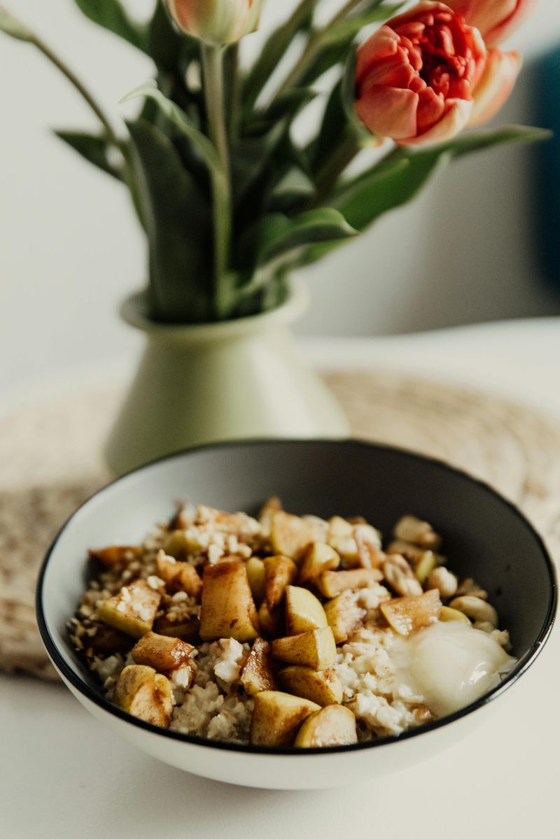 Brown and White Food on Black Ceramic Bowl