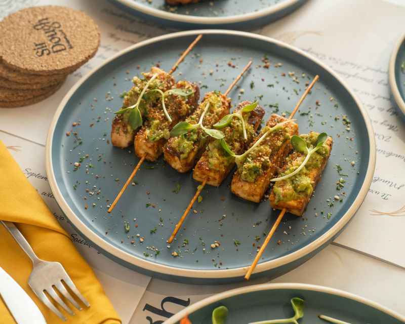 Grilled Tofu Skewers with Microgreens Garnish