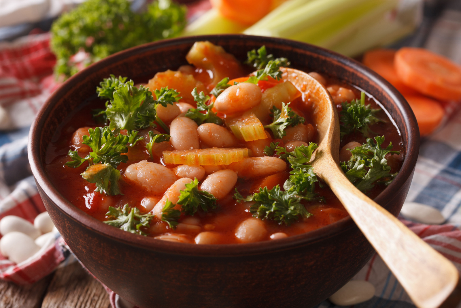 Bean soup with vegetables and ingredients macro on the table. horizontal 
