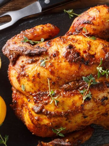 Crispy juicy rotisserie chicken close-up on a slate board on the table. Holiday dish. Horizontal top view from above