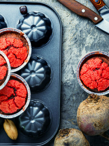 Delicious beetroot muffins with nuts and chocolate.