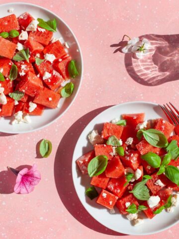 watermelon salad with feta cheese and basil. healthy summer dessert