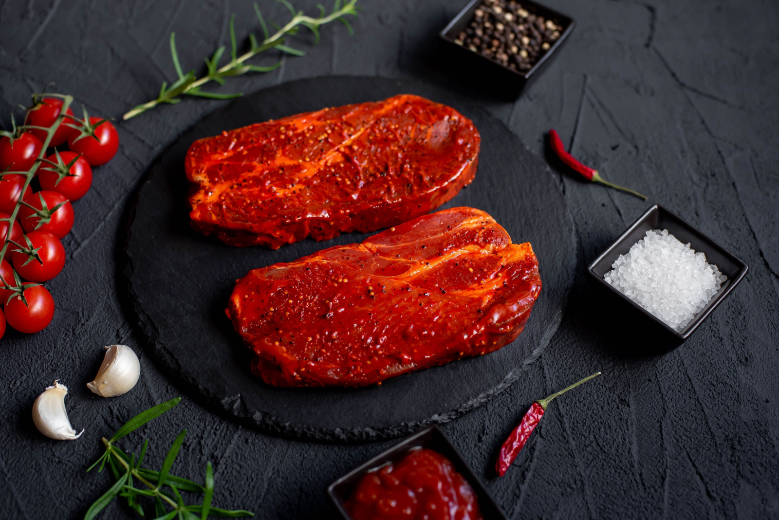 marinated raw steaks on stone background
