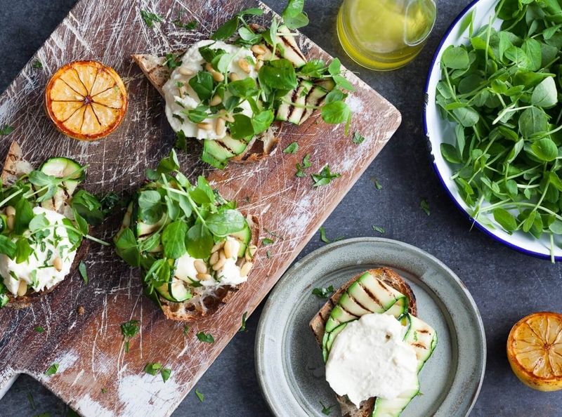 Pea Shoot, Courgette & Whipped Feta Toasts