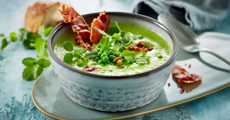 Pea & Ham Soup + Mint + Crispy Croutons