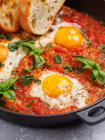 Delicious shakshuka breakfast in a frying pan