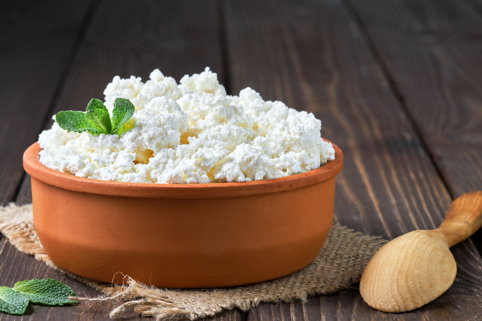 Farmer's cottage cheese in a traditional clay bowl, next to a wooden spoon, a dark wooden background. Close-up, selective focus. Soft curd natural healthy food, wholesome diet food