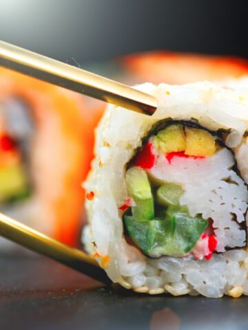 Eating Sushi with chopsticks. Sushi roll japanese food in restaurant. California Sushi roll set with salmon, vegetables, flying fish roe and caviar closeup. Japan restaurant menu