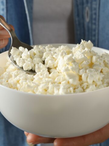 Woman hold bowl with cottage cheese, close up