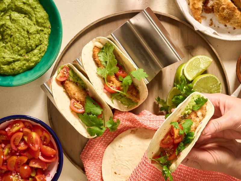 Fish And Chips Tacos With Mushy Pea Guacamole