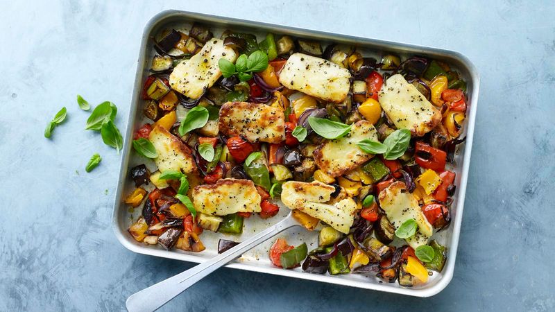 Roasted Vegetable And Halloumi Traybake