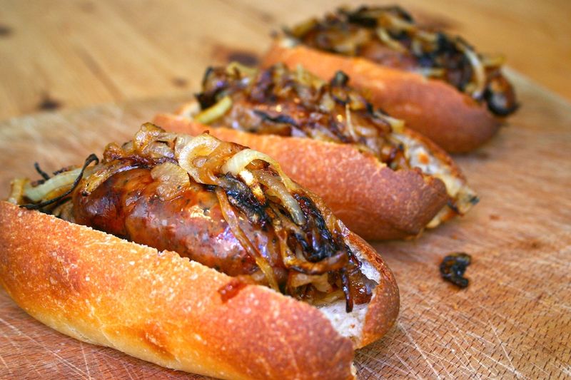Sticky Cider Onion Hot Dogs