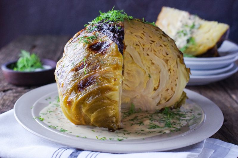 Whole Roasted Cabbage With Mustard Dressing
