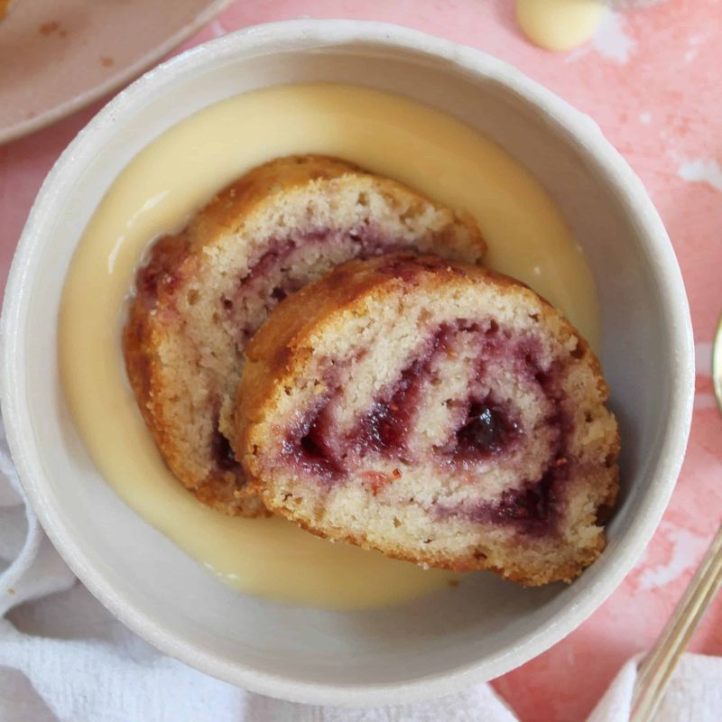 Jam Roly-Poly With Pink Custard
