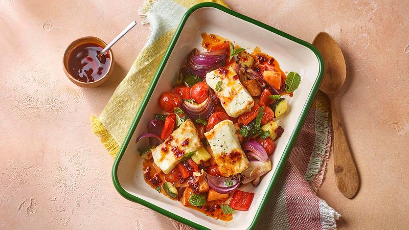 Roasted Vegetable And Halloumi Traybake