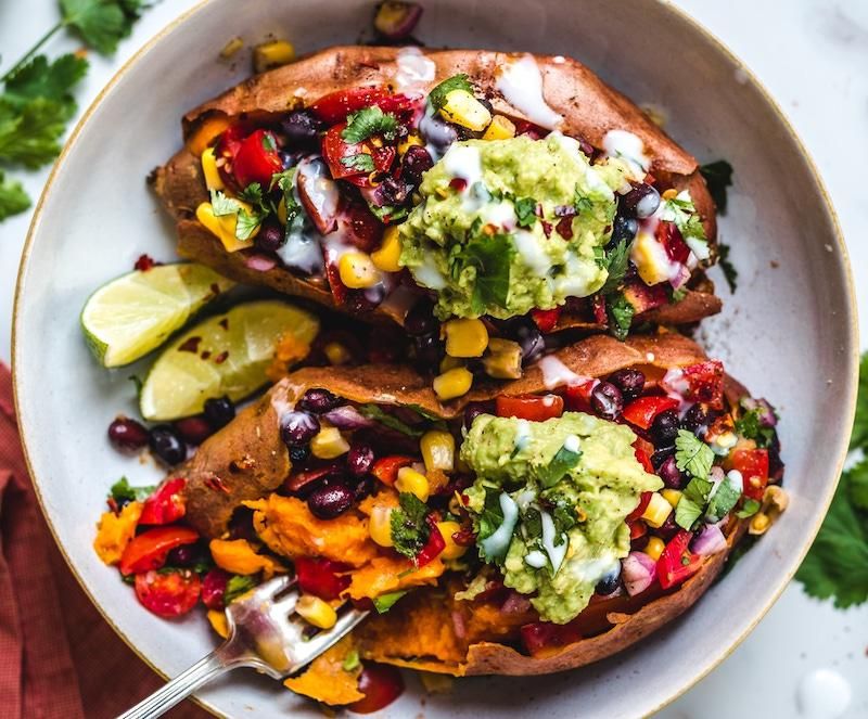 Baked Sweet Potatoes With Black Beans And Avocado