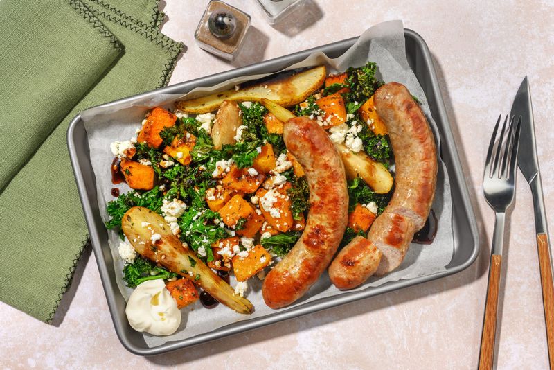 Sausage And Red Onion Traybake With Mustard Mash