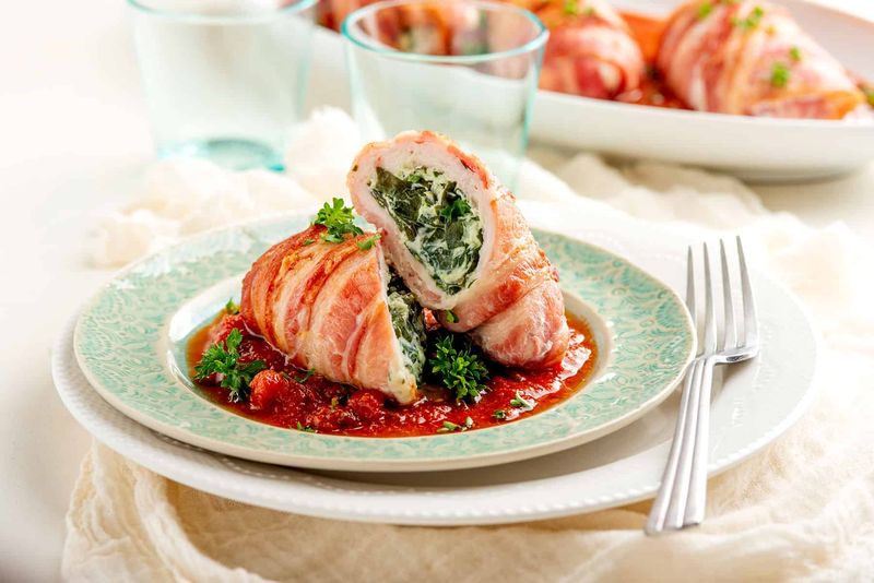 Stuffed Chicken Breasts Wrapped In Bacon With Roasted Greens