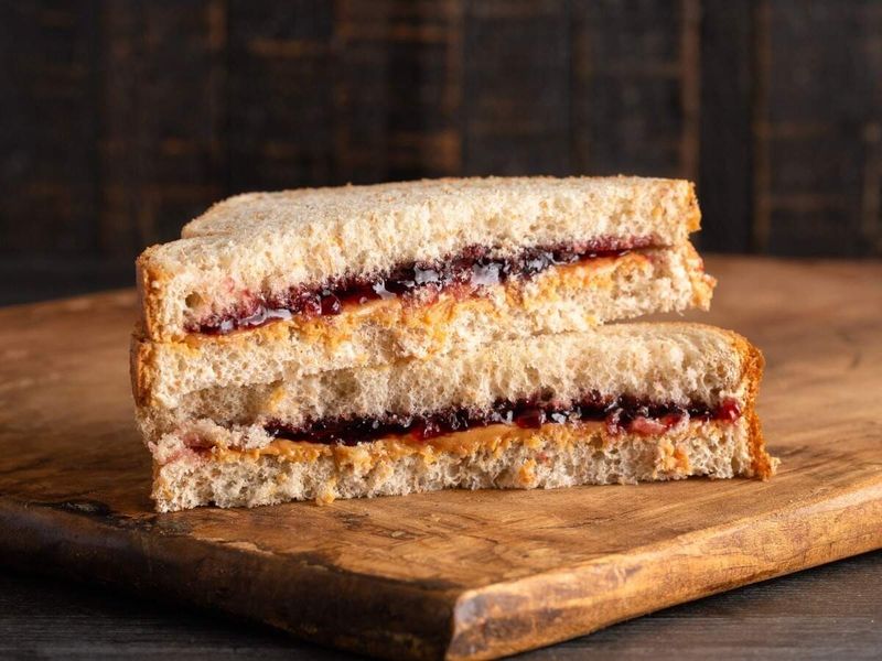 Peanut Butter And Jam Sandwich On Wholemeal Bread