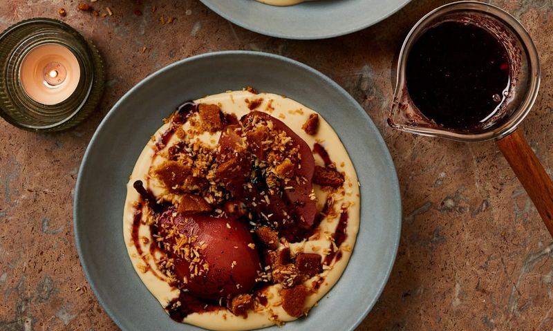Hibiscus-Poached Pears With Toasted Coconut Custard
