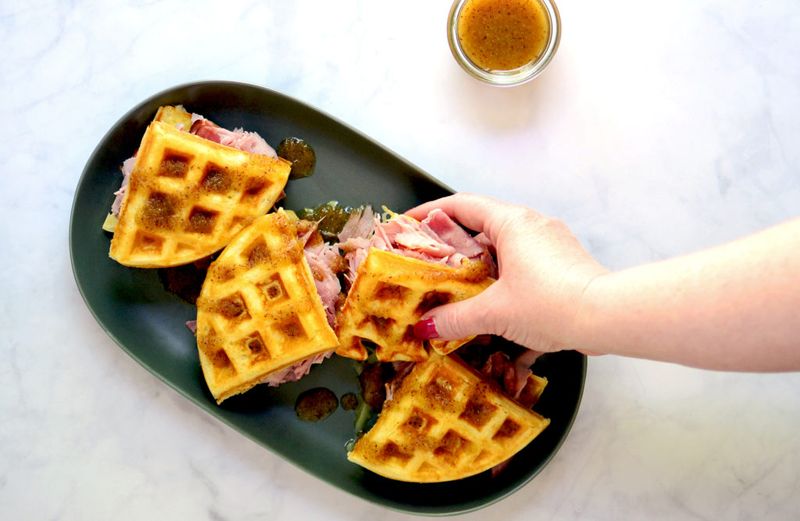 Ham And Cheese Waffles With Mustard Glaze