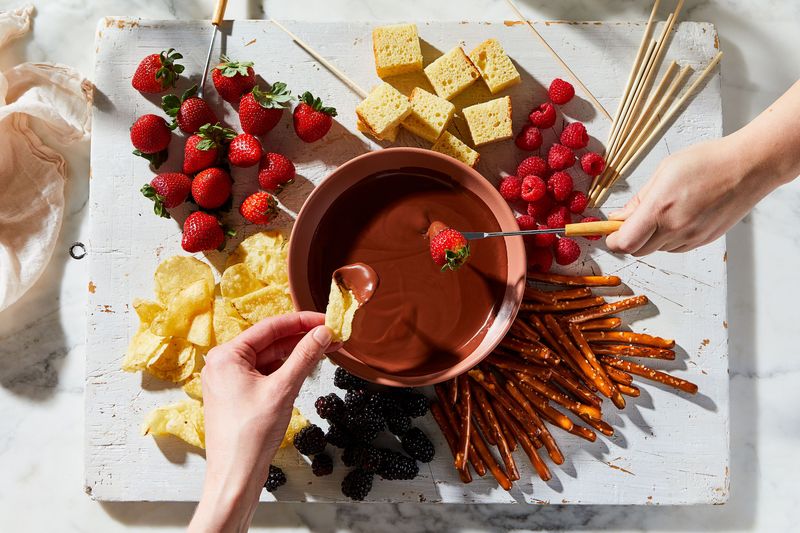 Chocolate Fondue With Fruit And Biscuit Dippers