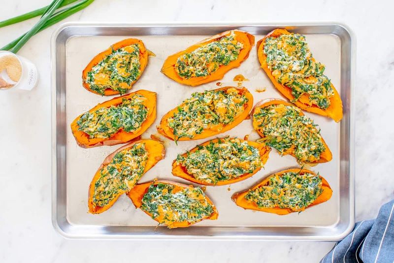 Baked Sweet Potatoes With Feta And Spinach