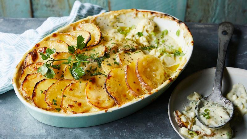 Cauliflower Cheese With Roast Potatoes And Greens