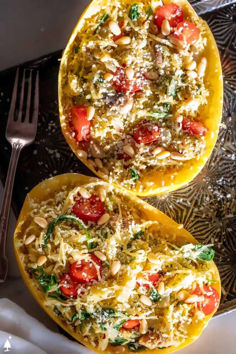Spaghetti Squash with Pesto and Cherry Tomatoes