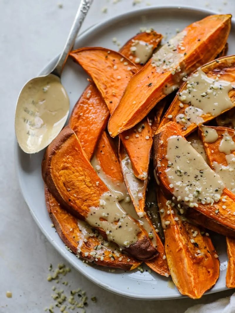 Baked Sweet Potato With Tahini and Hemp Seeds