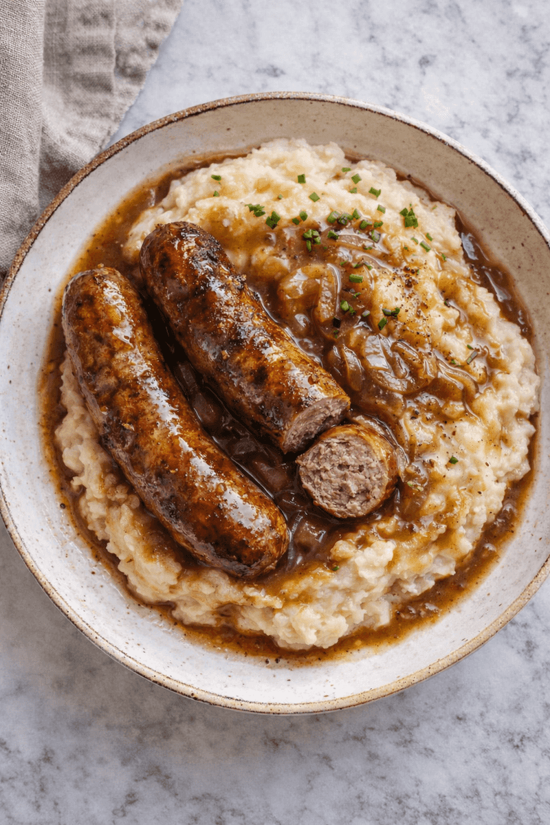 Sausage And Onion  Gravy Over Mashed Potatoes