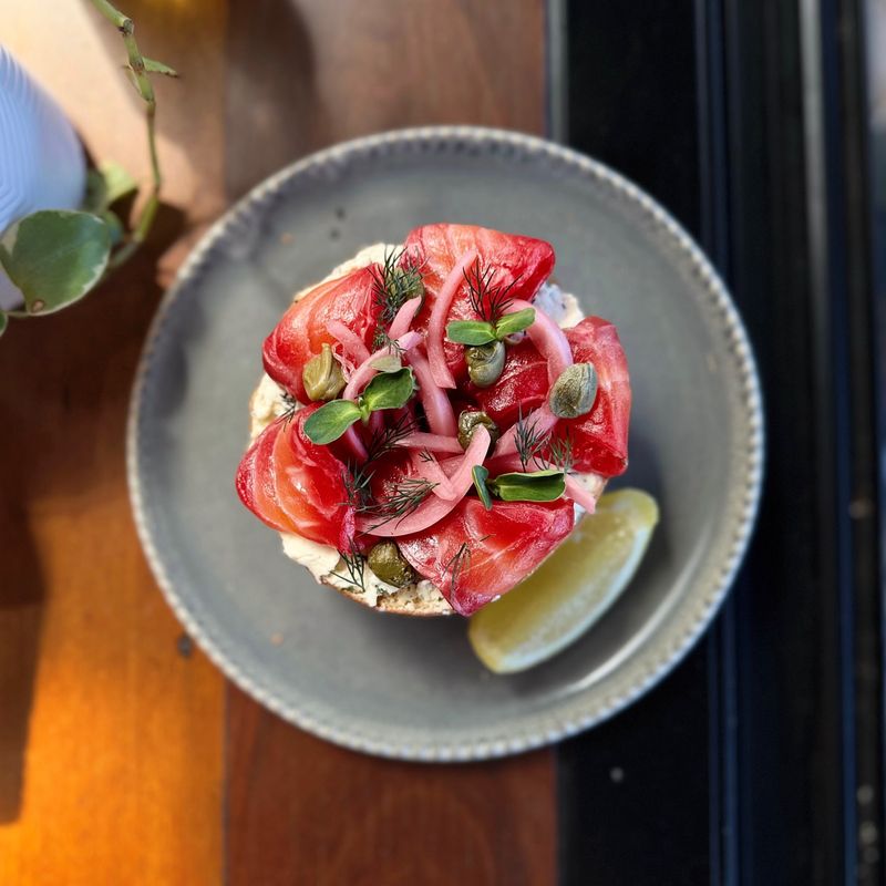 Smoked Salmon and Cream Cheese Bagel with Beetroot