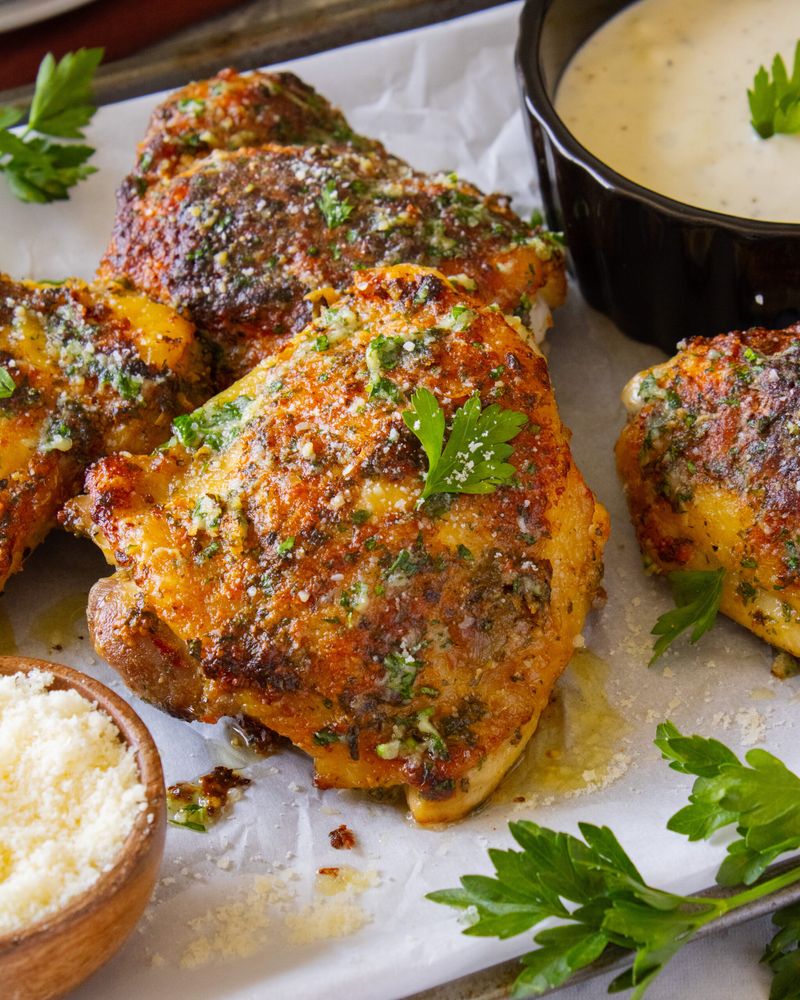 Crispy Baked Garlic Parmesan Chicken Thighs