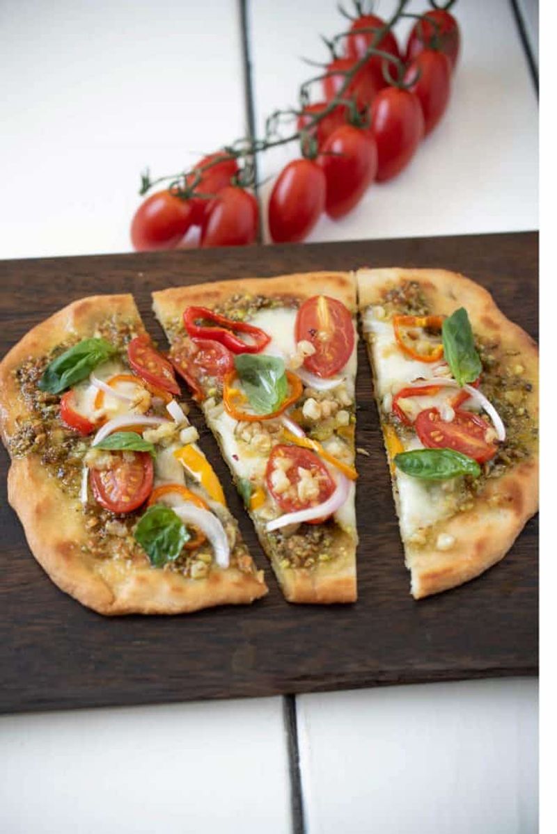 Pesto Flatbread with Cherry Tomatoes