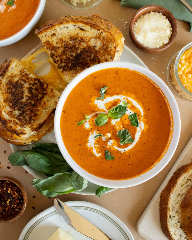 Tomato Basil Soup With Grilled Cheese