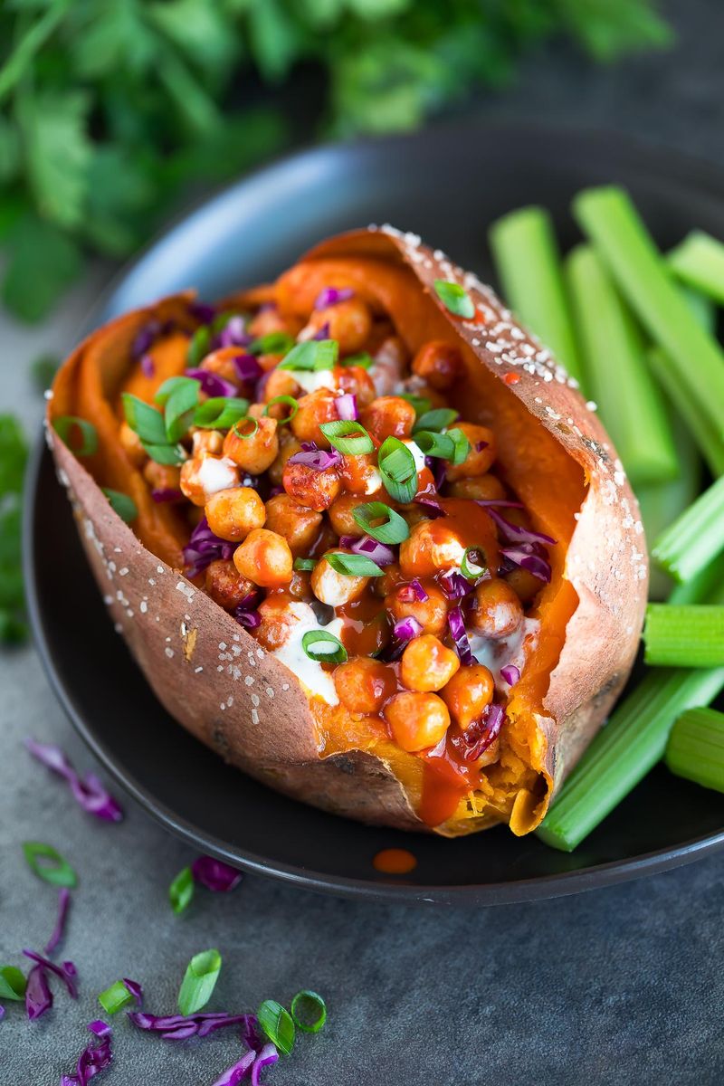 Baked Sweet Potato with Greek Yogurt and Chickpeas