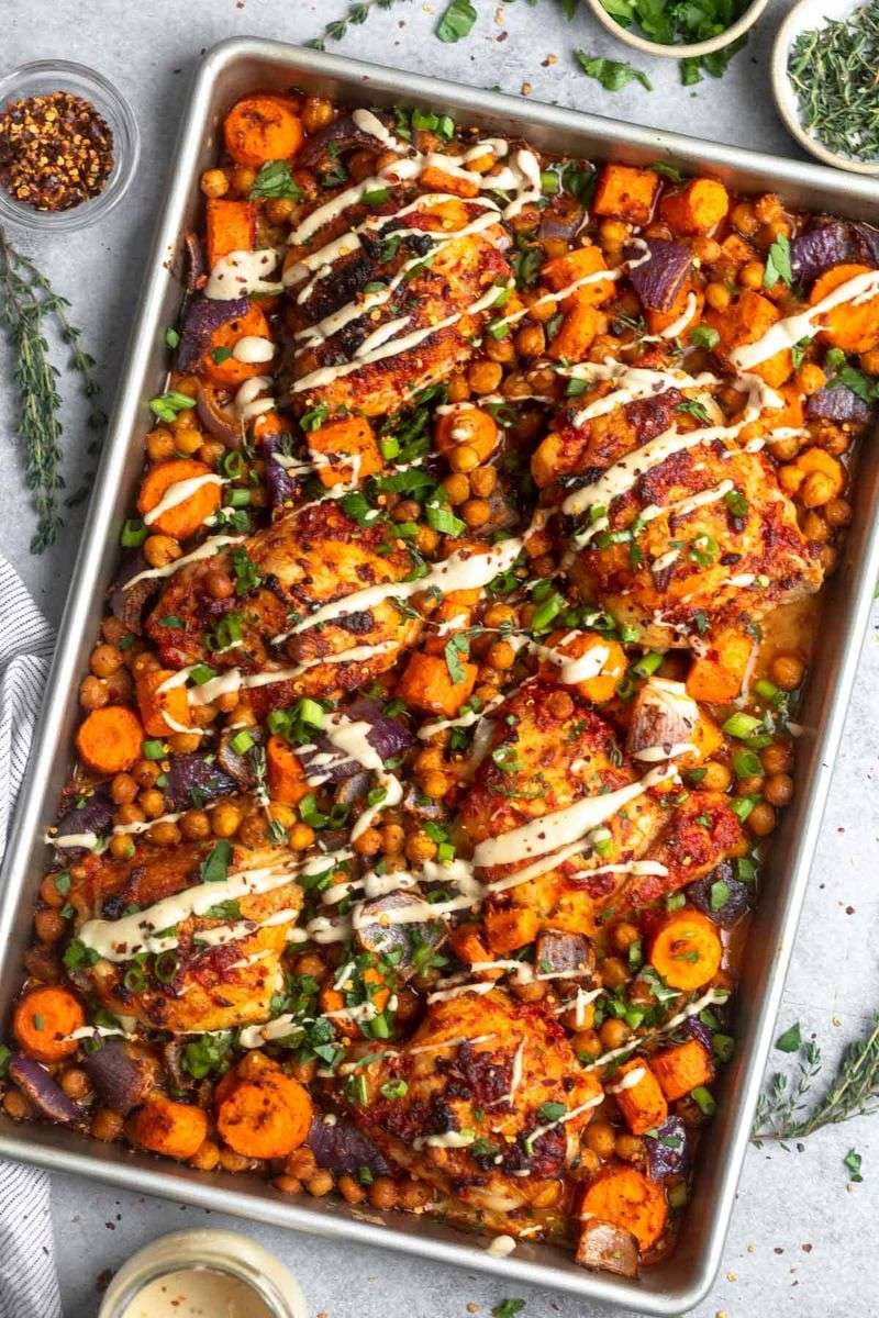 Baked Chicken Thighs with Roasted Vegetables and Hummus