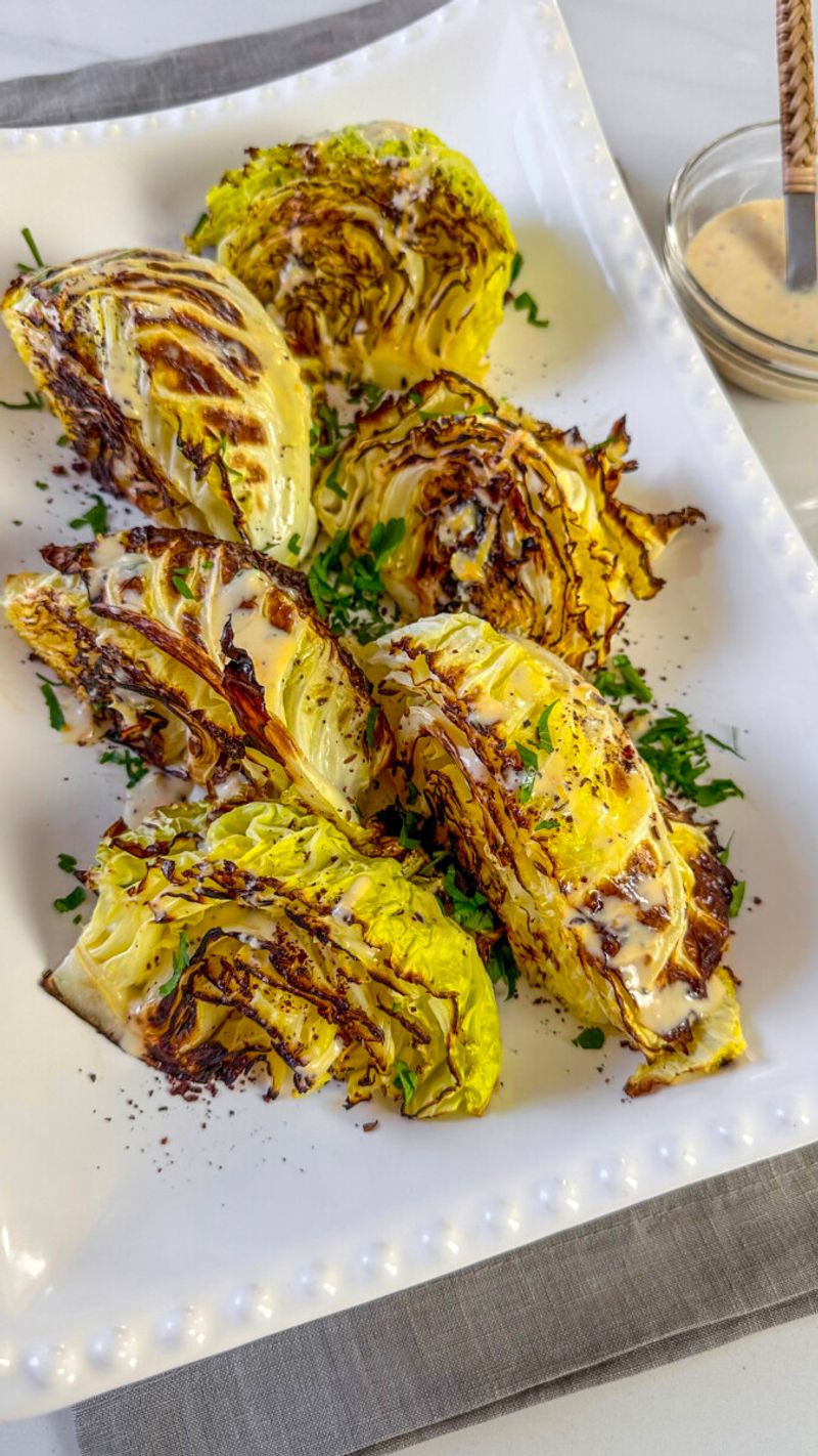 Roasted Cabbage Wedges with Tahini Dressing