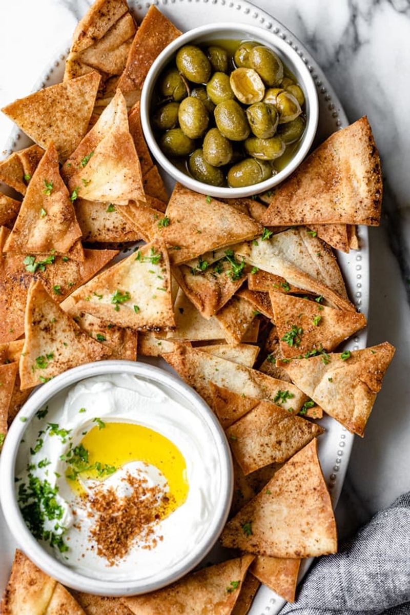 Pita Chips with Hummus and Olives