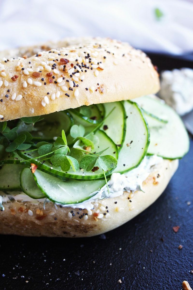 Vegan Bagel with Cream Cheese and Cucumber