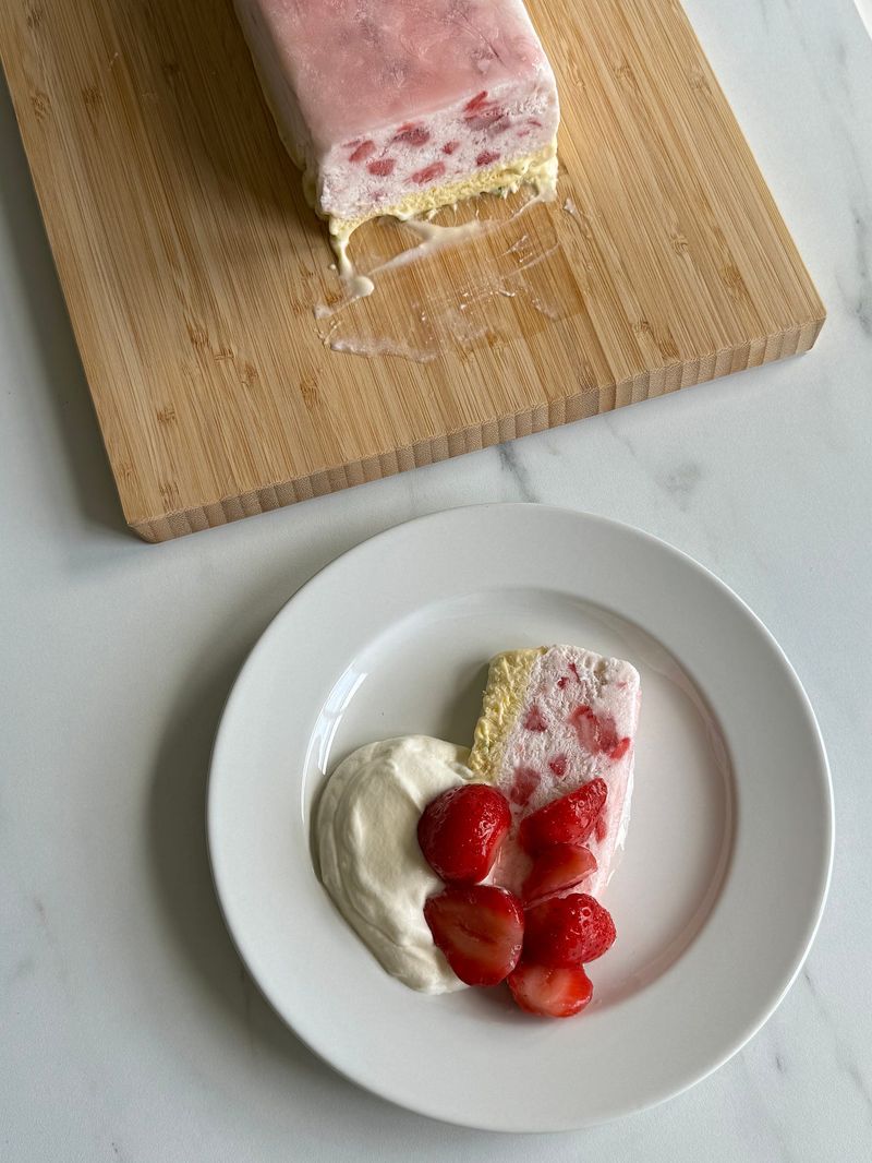 Strawberry Semifreddo Sliced on a White Plate