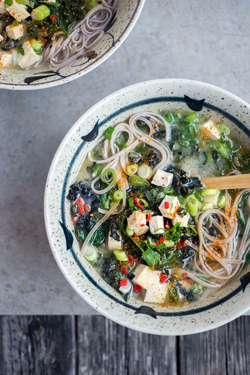 Miso Soup with Soba Noodles and Kale