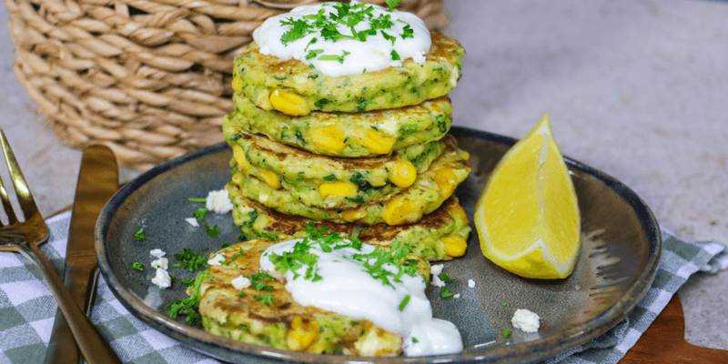 Zucchini And Corn Fritters With Herb Yogurt Dip