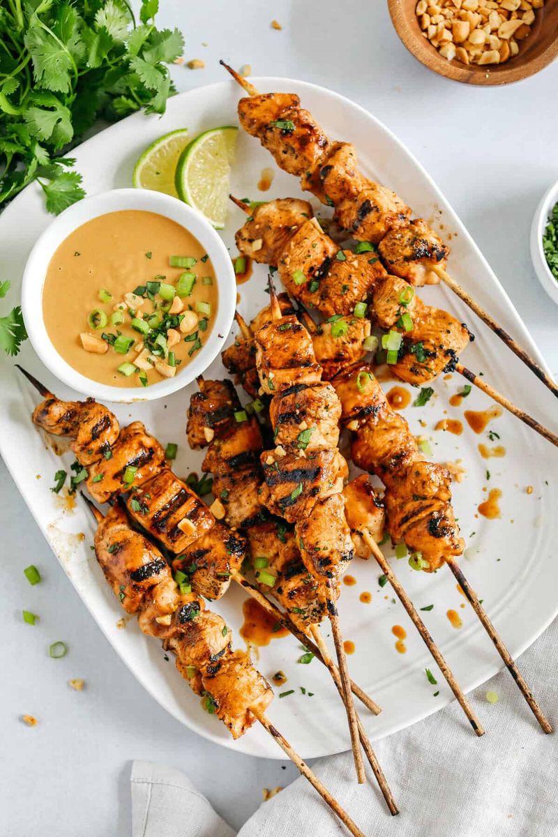 Sesame Chicken Skewers with Peanut Dip
